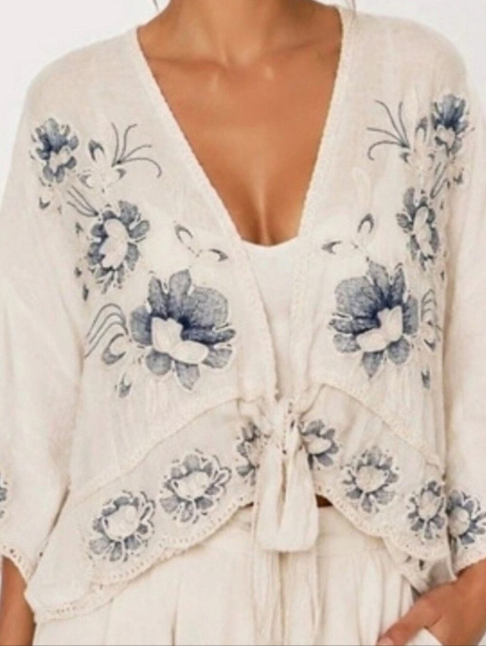 Embroidered Blue Floral Ivory Crochet Top Tie Front Layer Piece OS Rachel Zoe